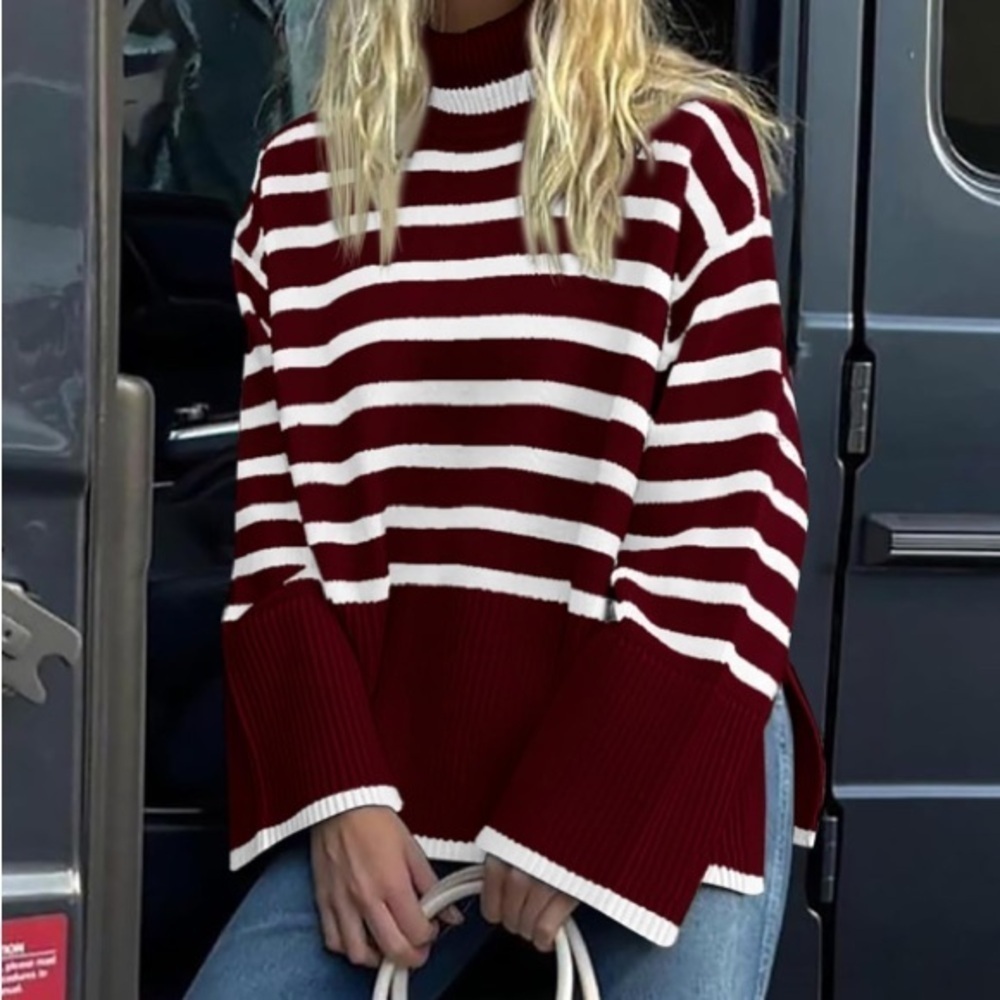 Women Casual Turtleneck Striped Oversized Sweater
